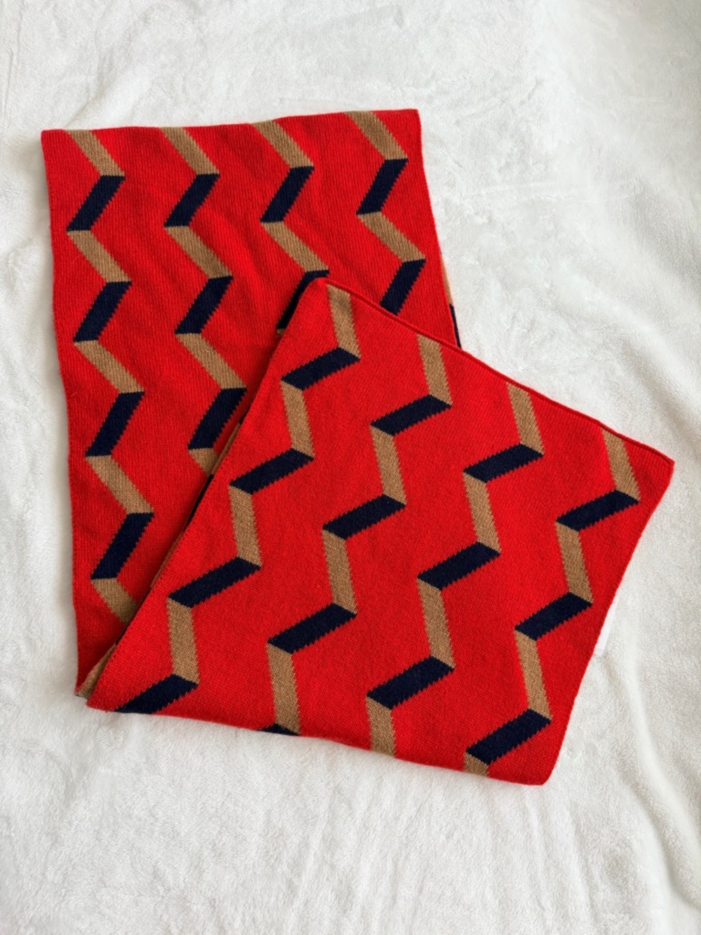 J. Crew Red, Navy & Camel Chevron Wool Blend Reversible Scarf